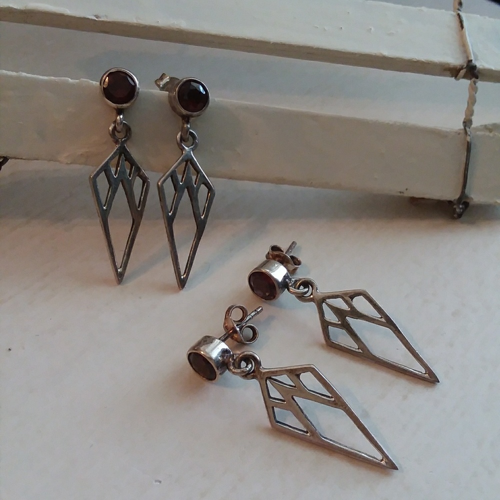 Solid Sterling Silver Dangle Earrings Red Ruby Rou - image 1